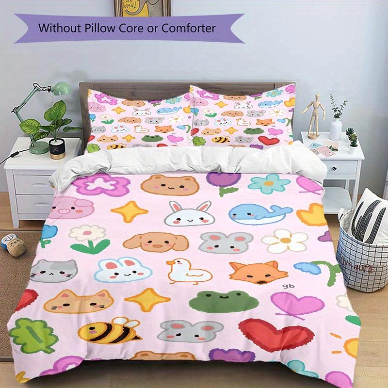 3pcs Cute Animal Stickers Bedding Set, Breathable And Soft, Suitable for All Seasons Machine Washable, Suitable for Bedroom Decoration,yy250822146