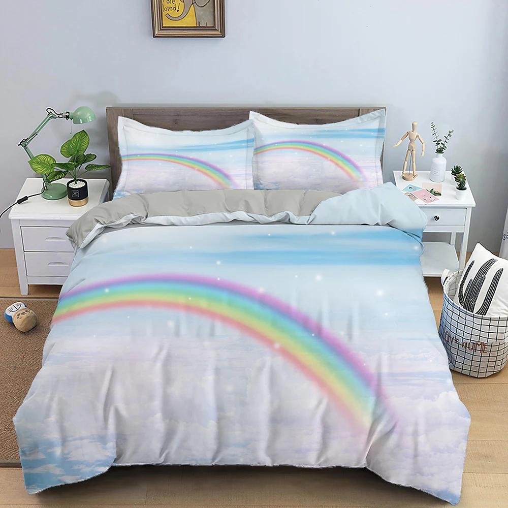 Rainbow Duvet Cover Purple Sky for Girls Women Romantic Gifts Clouds Cartoon Style Quilt Cover Bedroom Decorations Queen Size