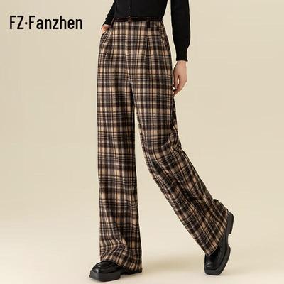 Women's Retro Plaid Wide-Leg Woolen Trousers
