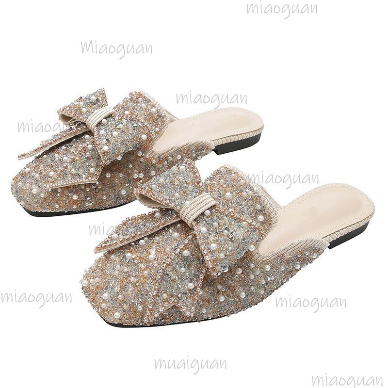 Size 34-43 Rhinestone Beaded Women's Mules Cover Toe Trendy Slides Slip-on Woman Shoes  De Mujer Spring Summer Footwear