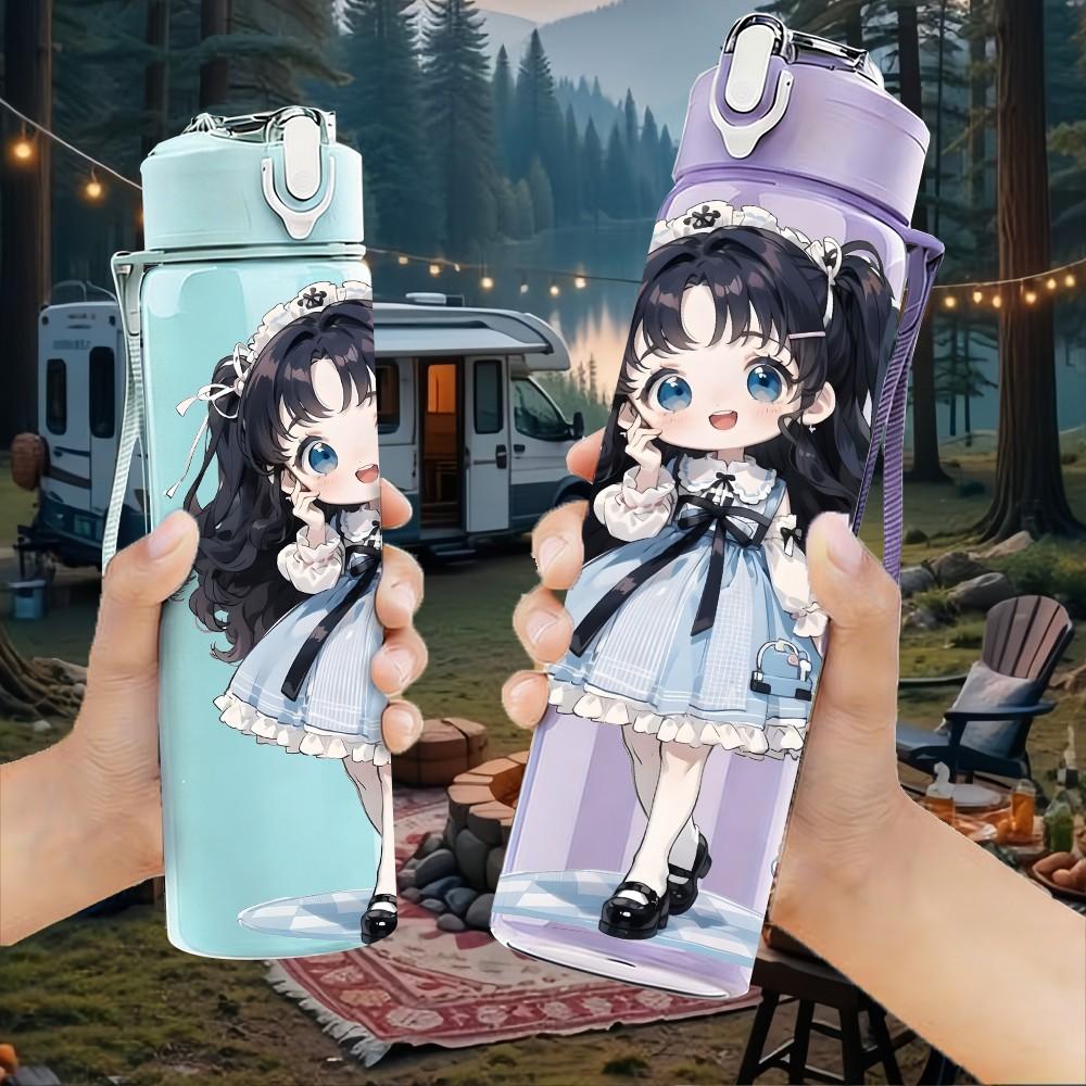 1PC Dark Blue Dress Girl Standing Pattern 750ml Color Plastic Sports Water Bottle Leakproof Flip Straw Lid Suitable for Sports Office Home Use