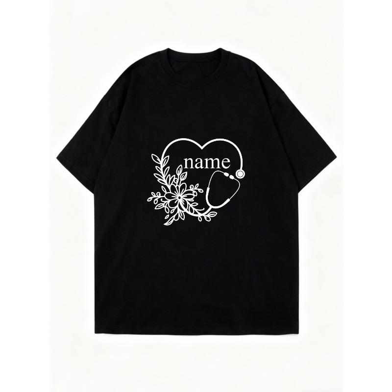 Oversized T Shirt Black Stethoscope Heart Floral Design With Name Print For Medical Professionals And Healthcare Workers