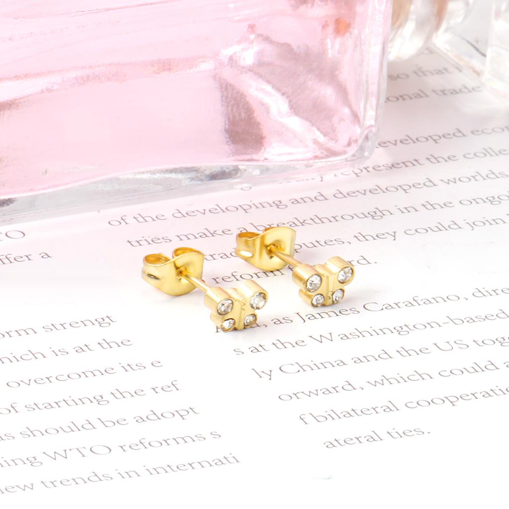 Small Butterfly Earrings with Shiny White Zirconia Tiny Delicate Studs for Girls Teenagers Surgical Steel PVD 18K Ears Jewelry