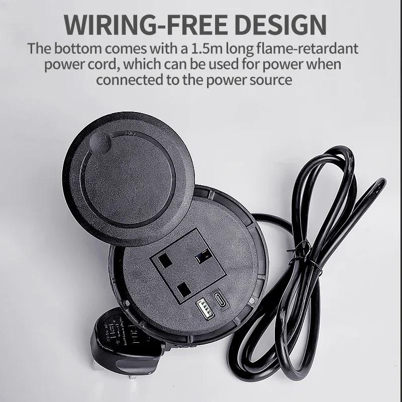 Desktop Socket Multifunctional UK Socket with USB Type-C Recessed Desktop Plug Round Socket