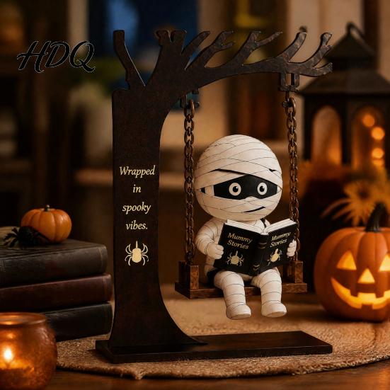 Scary Halloween Window Hangings Funny Swing Ornament Witch/Skeleton/Mummy/Pumpkin Ghost Sitting on Haunted House Theme Decorations Reading