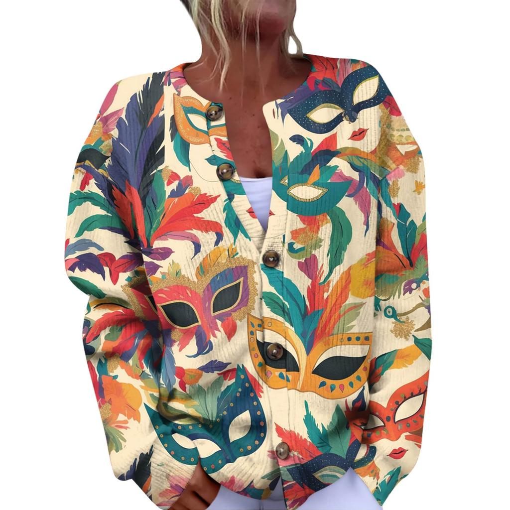 Dámský módní festivalový pletený kardigan s dlouhým rukávem a zapínáním na knoflíky