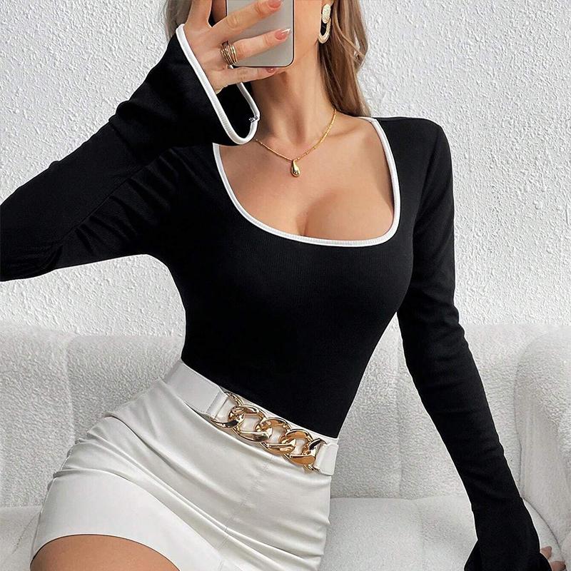 Women Causal Square Collar Flared Sleeve Elastic Bodysuit Autumn Sexy Slim Fit Contrasting Color Splicing Jumpsuit
