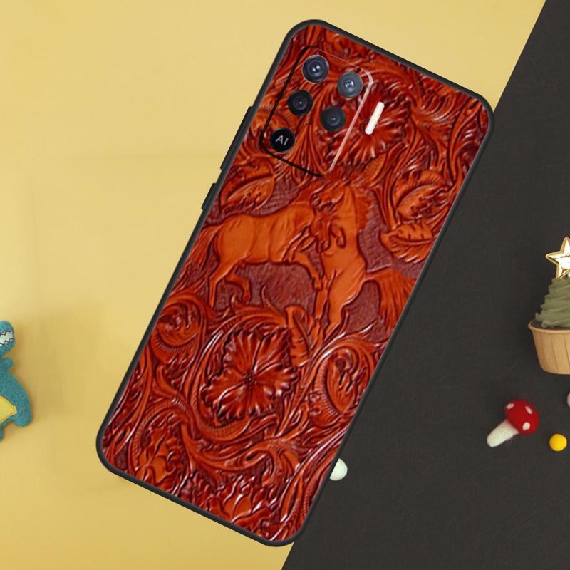 Brown Tooled Leather Pattern Case For Oppo A58 A78 A98 A18 A38 A74 A94 A54 A15 A17 A57 A6 A5 Pro A16 A76 A96 A40 A60 A80