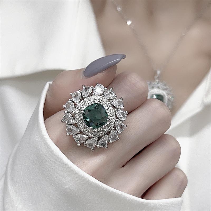 Emerald Diamond Retro High-End Light Luxury Three-Piece Set: Ring, Necklace & Earrings with Niche Design.