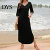 Casual Dress Women Maxi with Side Pockets V Neck 3/4 Sleeves Loose Slit Hem Solid Color Patchwork Pullover Beach