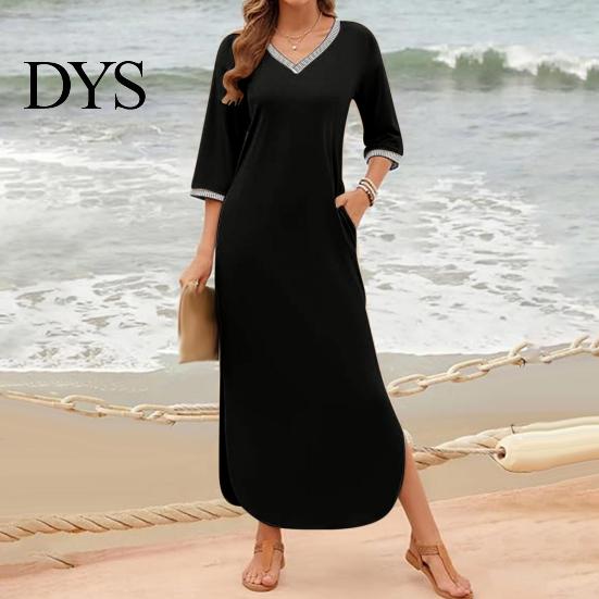 Casual Dress Women Maxi with Side Pockets V Neck 3/4 Sleeves Loose Slit Hem Solid Color Patchwork Pullover Beach