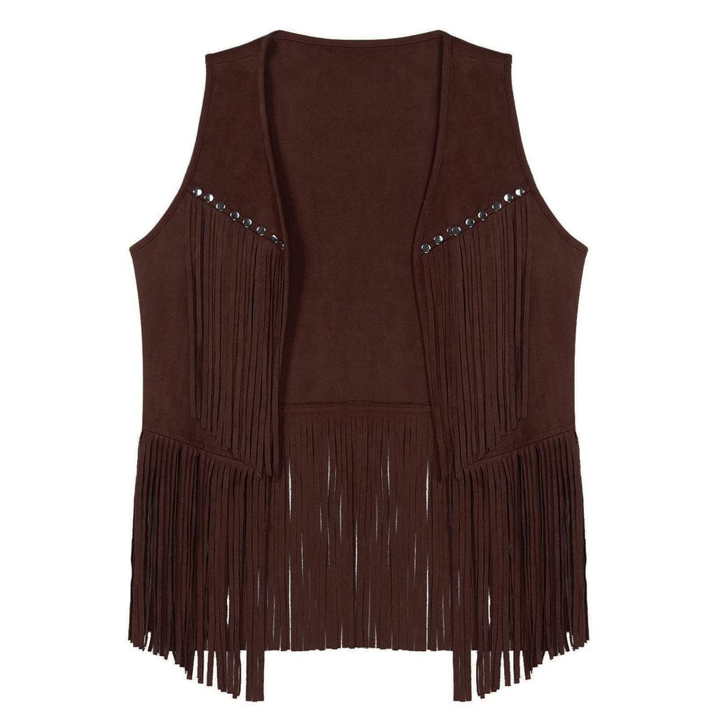 Womens Faux Suede Tassel Vest Fashion Rivets Fringe Waistcoat Open Front Sleeveless Jacket Boho Style