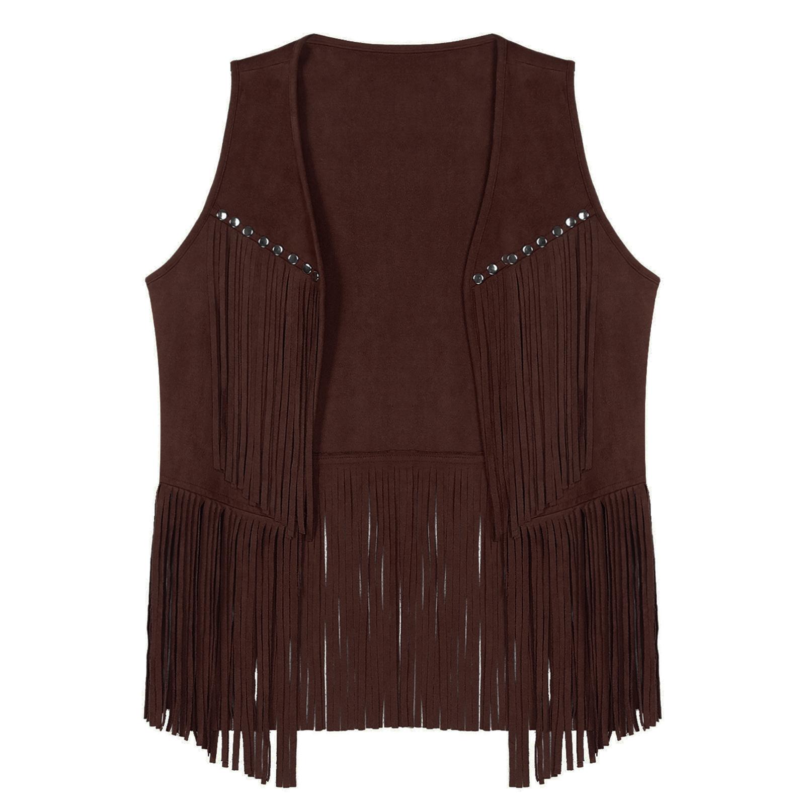

Жіночий жилет зі штучної замші з китицями, модний жилет з заклепками та бахромою, без рукавів, з відкритим передом, у стилі Бохо L кавовий