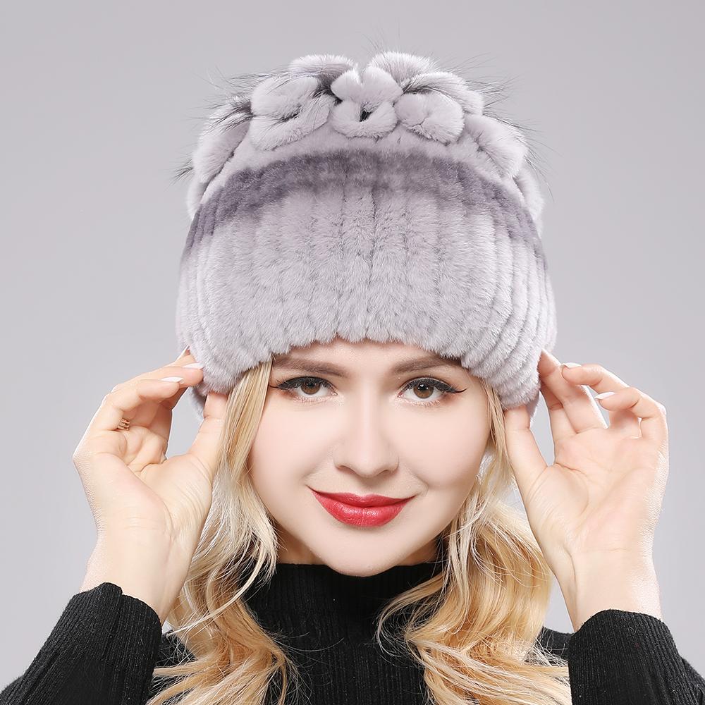 Căciulă Pufoasă de Iarnă din Blană Naturală Blană Naturală de Iepure Rex Căciulă Caldă Tricotată pentru Doamne Căciuli 100% din Blană Autentică