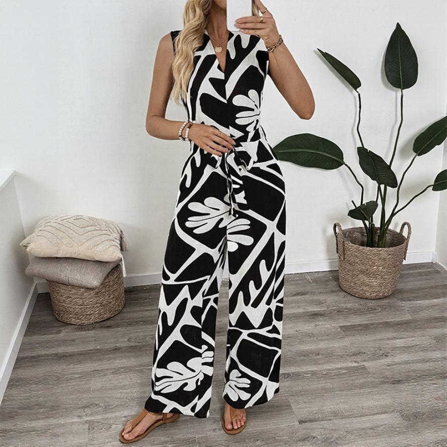 YYFS Women's Fashion Casual Summer Spring Colour Block Print Sleeveless V-Neck High Waist Trousers Jumpsuits & Rompers