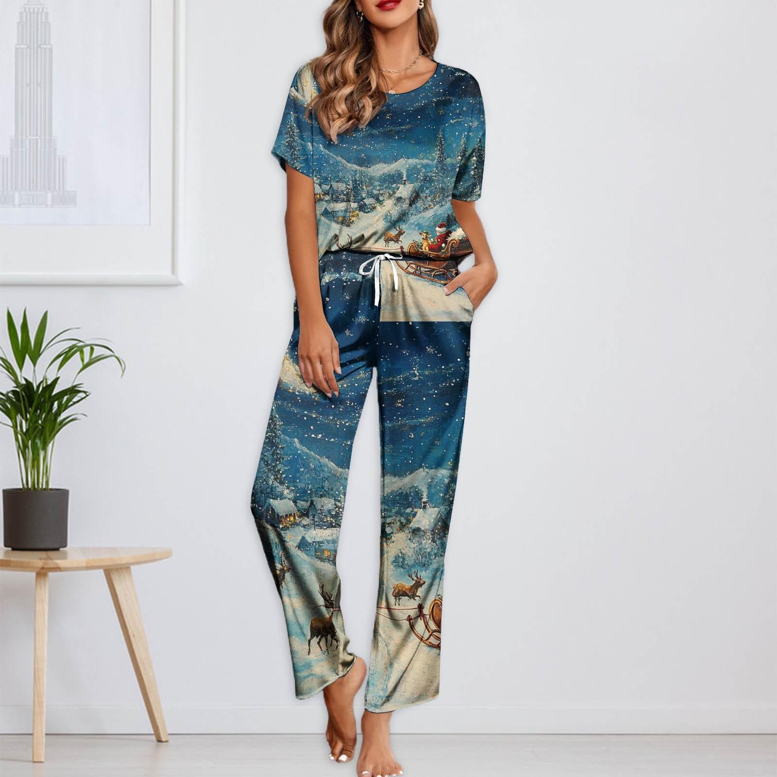 

Женский шелковый атласный пижамный комплект с рождественским принтом, рубашка с коротким рукавом и длинные пижамные штаны, мягкая домашняя одежда M тёмно-синий