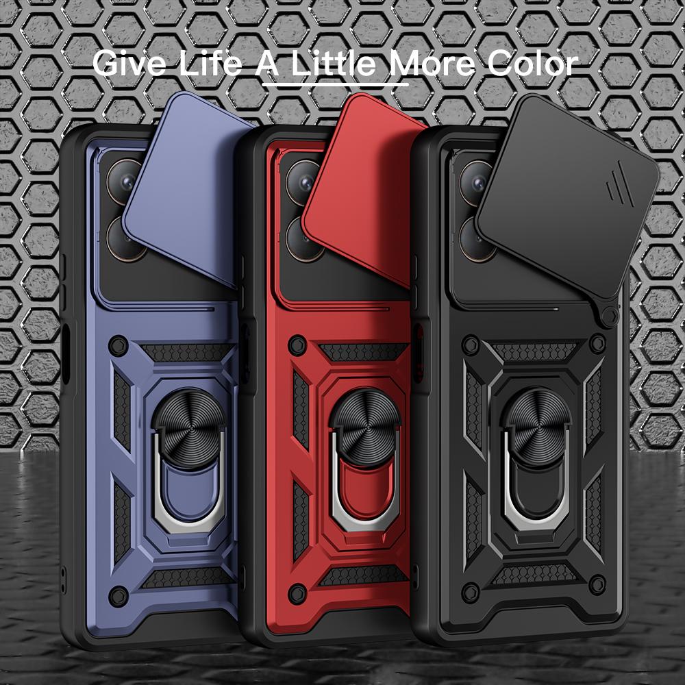 KEYSION Shockproof Armor Case for TECNO POVA 7 4G Slide Camera Lens Protection Metal Ring Stand Phone Back Cover for TECNO Pova7