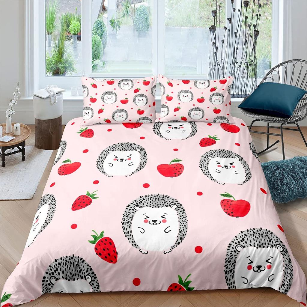 Lovely Hedgehog Duvet Cover Teens Full Runing Animals Bedding Set Modern Field Path Soft Cute Hedgehog Printed 3pcs Bedding Set