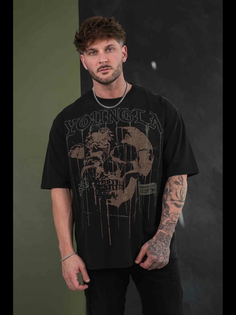 Pánské letní bavlněné tričko YOUNG LA s potiskem lebky, volného střihu - kulatý výstřih, krátký rukáv, fitness a běžecké oblečení