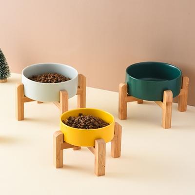 NonSlip Ceramic Pet Feeders Bowl Set Elevated Wood Double Bowl Dish Set Large Capacity Dog Cats Feeding Accessories