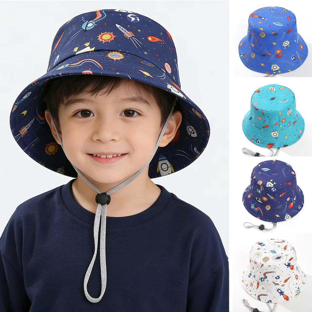 Kids Summer Sun Protection Cap Spaceship Planet Print Bucket Hat Wide Brim Fisherman Hats Boys Girls Outdoor Beach Basin Caps