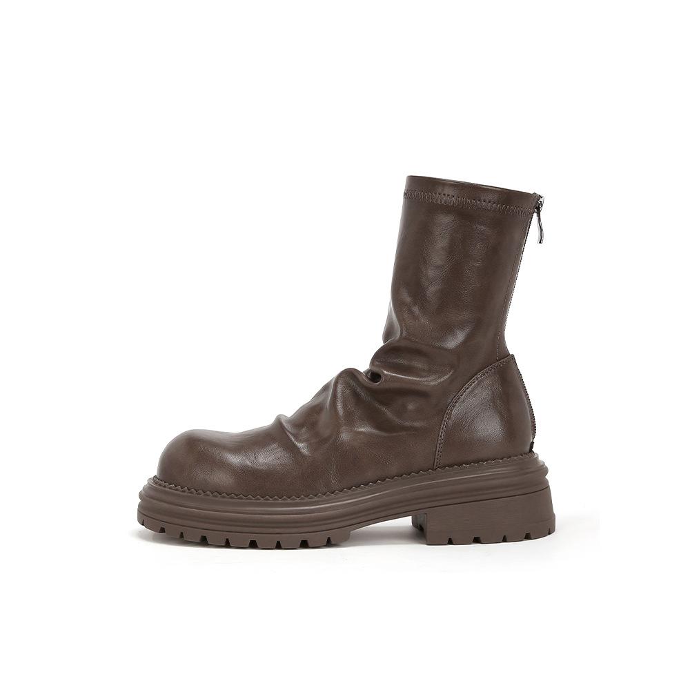 British style thick-soled pleated stacked Martin boots women's 2025 new height-increasing and thin rear zipper elastic thin boots