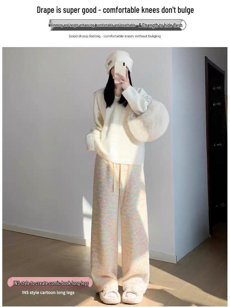 Women's Fleece-Lined Rainbow Sticky Rice Wide-Leg Pants: Warm High-Waist Casual Knitted Trousers for Autumn Winter