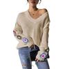 Long-Sleeve V-neck Top Mixed Color Hand Hook Flower Patchwork V-neck Pullover Loose Casual Sweater Top
