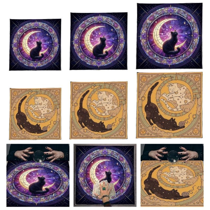 Moon Cats Pattern Tarots Card Tablecloth Altars Cloth Altars Cloth Divinations Card Table Cloth Tapestry Easy Use