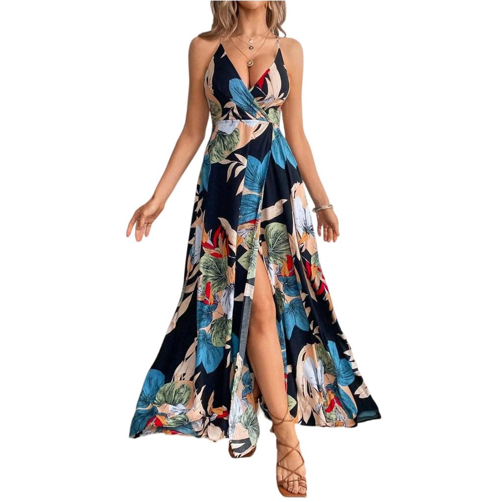 Damen Boho Tropischer Print Spaghettiträger Maxikleid mit hohem Schlitz V-Ausschnitt Lässiges Sommerkleid
