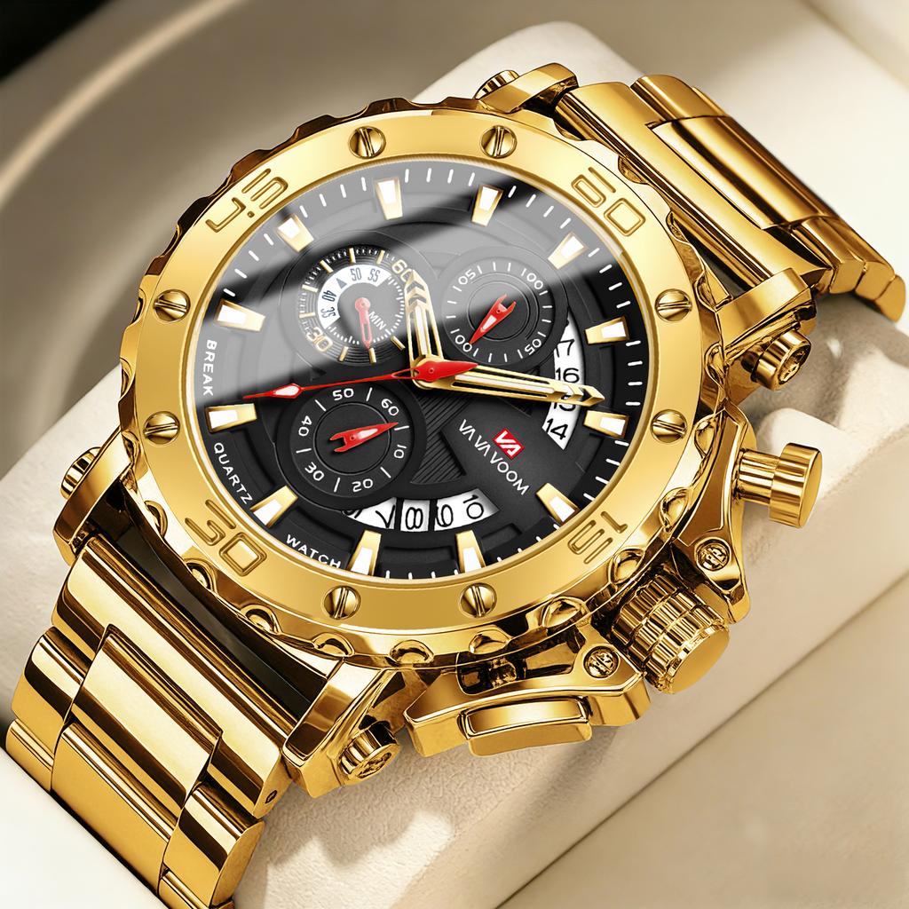 Men Multifunctional Sports Timing 46mm Clock Silver Stainless Steel Strap Fashion Luminous Dial Waterproof Quartz Watch for Men