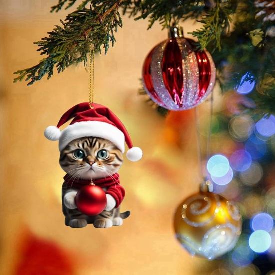 Christmas Cat Ornament Xmas Tree Decor Hanging Backpack Keychain Acrylic Holiday Accessory for Car Rearview Mirror Window Bag Key