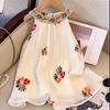 Summer Arrival Neck Embroidered Dress Floral Embroidered Mesh Layered Sleeveless Dress Girls Cute