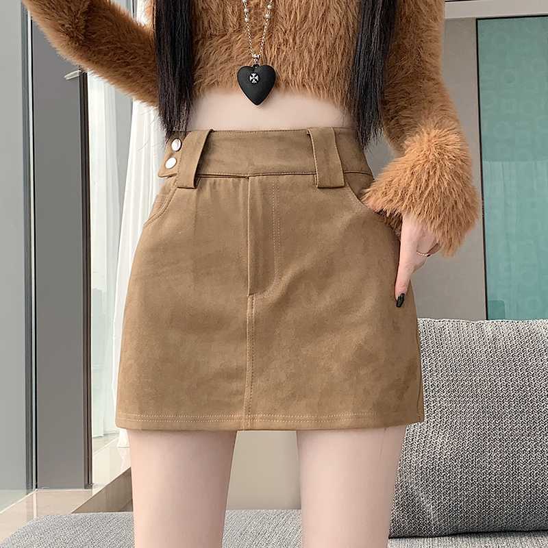 Deerskin velvet short skirt women s autumn brown skirt high waist hip skirt Trendy High Waist Khaki Mini Skirt S хаки