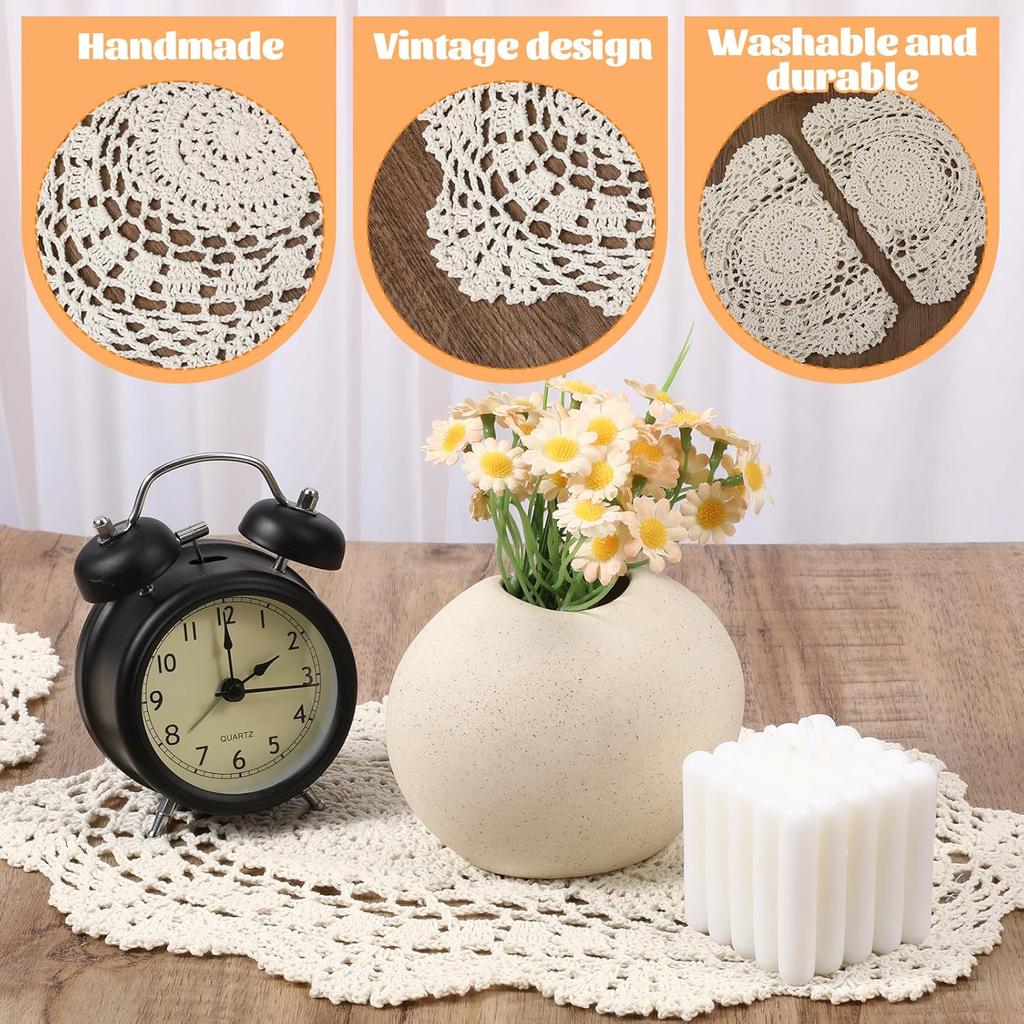Handmade Crochet Lace Doilies, 2PCS Beige Oval Cotton Table Runner Placemats, Floral Cotton Table Scarf Knitted Coasters Placemats Furniture Cloth