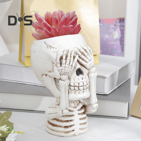 Resin Planter Pot Skull Halloween Skeleton Figurine Flowerpot Indoor Outdoor Succulents Plants Container Home Balcony Garden Decoration