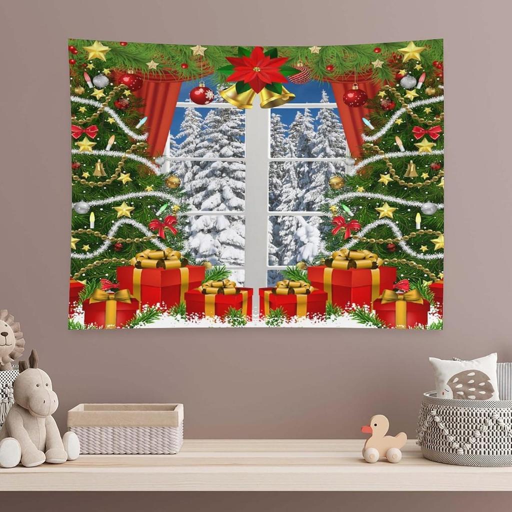 Christmas Studio Tapestry Wall Hanging Christmas Wooden Doors Windows Winter Snow Scene Xmas Trees Gifts Art Wall DecorChristmas