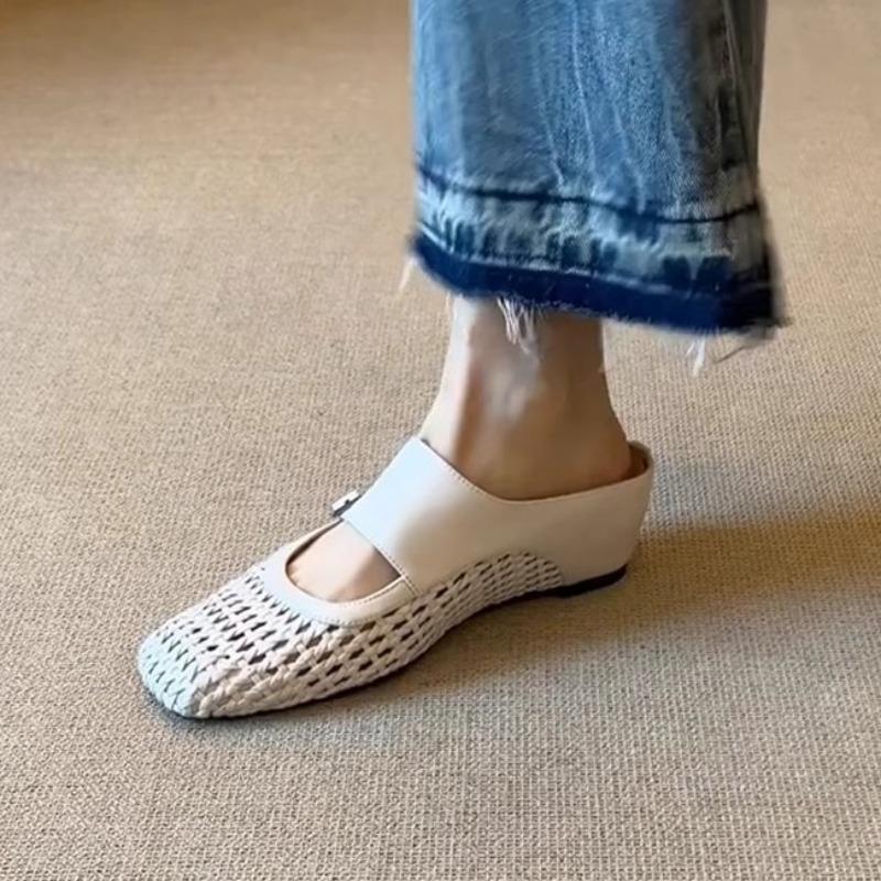 Sheepskin version~ inner height increase with half slippers women's square head versatile woven hollow and breathable outer bag head sandals