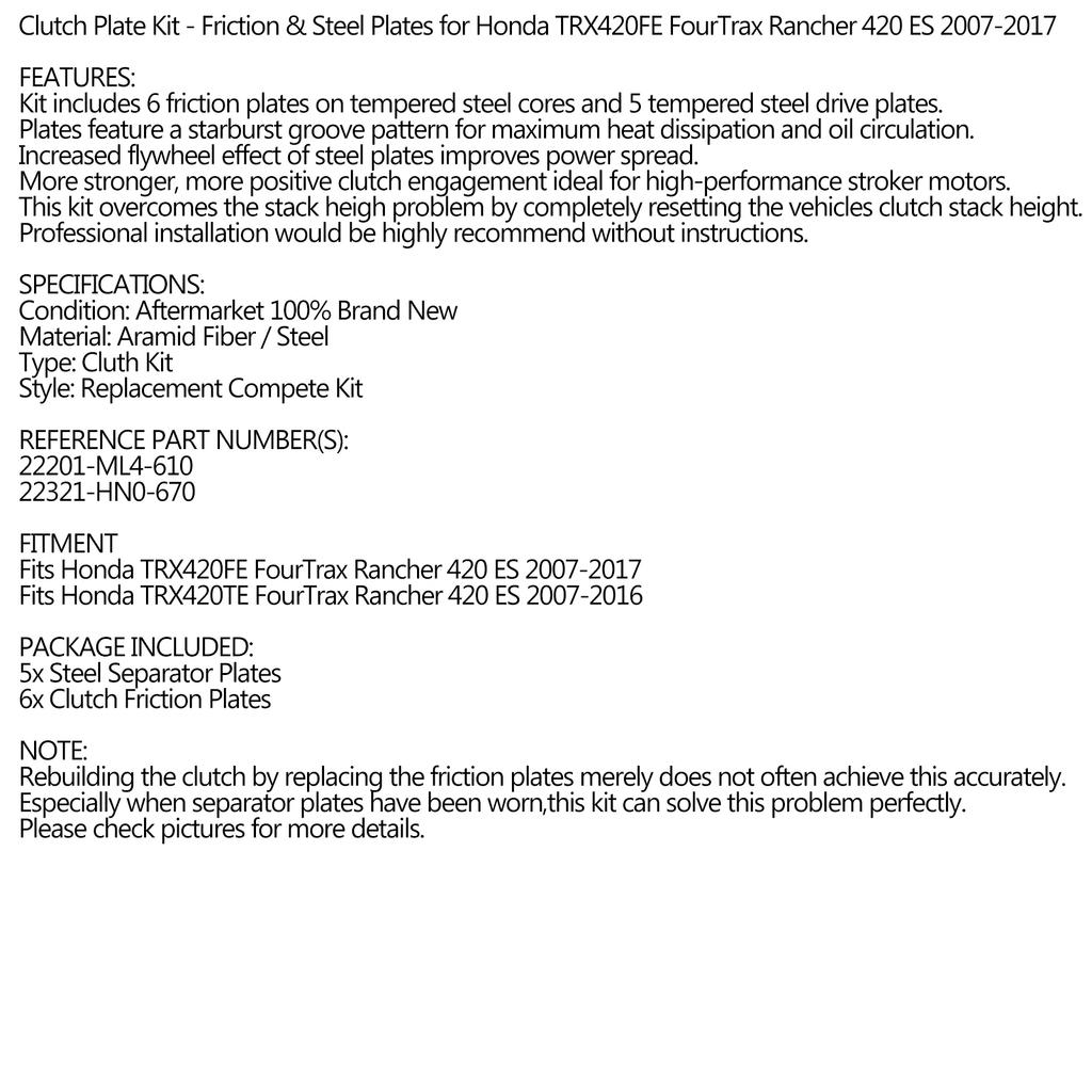 Clutch Kit Iron Friction Plates for Honda TRX420FE FourTrax Rancher 2007-2017