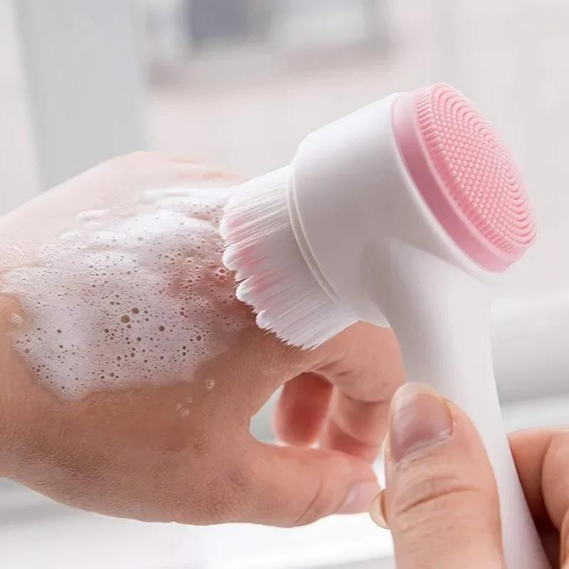 1Pc Double-sided Silicone and Soft Bristle Face Wash Brush Facial Exfoliation Pores Deep Cleaning Brush