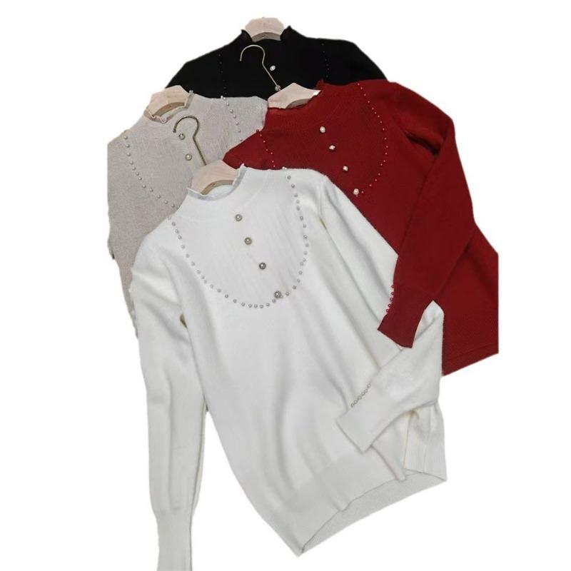 Lace integrated fleece bead sweater with women's new autumn and winter lace wood ear edge semi-turtleneck knitted sweater bottoming shirt