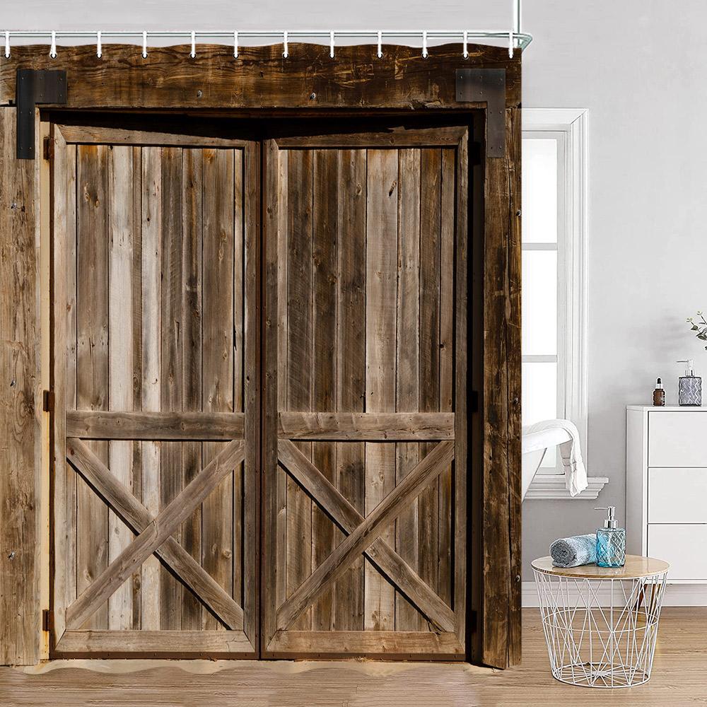 Rustic Barn Door Shower Curtains Grey White Brown Wooden Board Vintage Farmhouse Decorative Polyester Fabric Bathroom Curtains