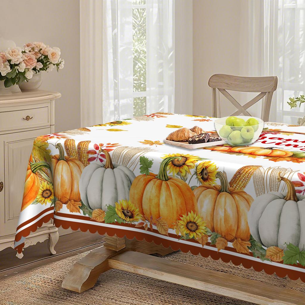 Thanksgiving Table Set Pumpkin Sunflower Tablecloth - Durable Polyester Rectangular Tablecloth With Leaves.