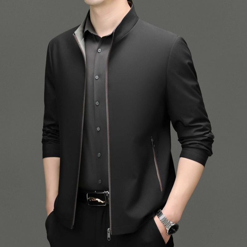 New Mulberry Silk Men's Jacket Spring and Autumn Business Casual Young and Middle-aged Stand Collar Thin Jacket Leader Dad Wear