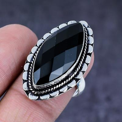 Φυσικό, μαύρο, σπινέλιο, χειροποίητο, ασημένιο δαχτυλίδι δώρου 925, μέγεθος 8 e4V77