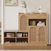 Schuhschrank mit gepolsterter Bank, 3 geflochtene Rattan-Türen und 1 Schublade, Aufbewahrungsschrank mit Schuhregal für Flur, Holzoptik, B142xT35xH110 cm