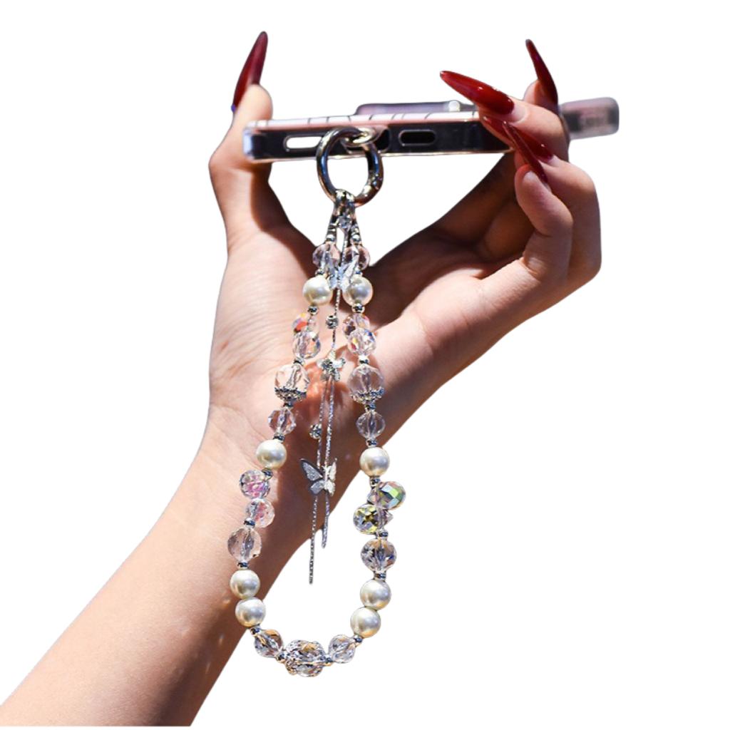 For Cell Phone Short Crystal Lanyard Strap Pearl Pendant Handmade Beads Chain Anti-Lost Hand Rope Fashion Light Ornament