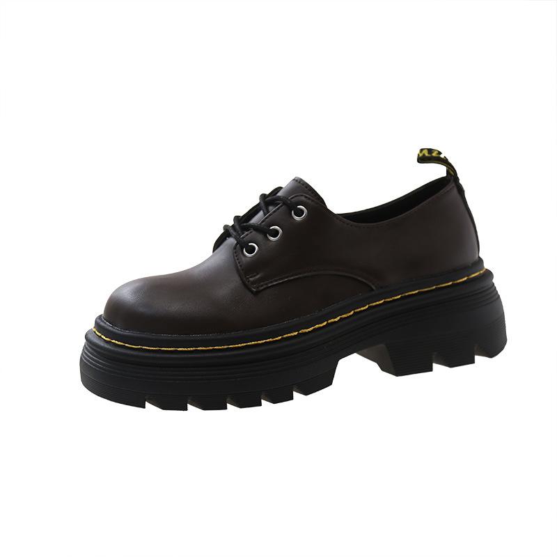 

Платформа большого размера, ботинки из мелкой кожи на шнуровке в британском стиле, круглый носок, толстый каблук, осенние ретро маффины, одинарные туфли для женщин 42 темно-коричневого