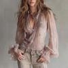 Bohemsk Gjennomsiktig Chiffon Bluse med Paisley Trykk V-hals Blonderkant Lang Erme Volangkant Skjorte for Kvinner