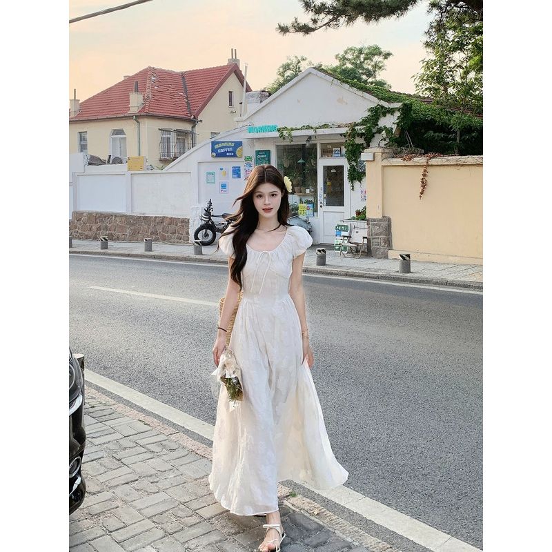 Kumikumi French style Elegant Jacquard Strap Puff sleeve One piece Dress Women clothing Summer Chic Age-Reducing Slimming Long dress